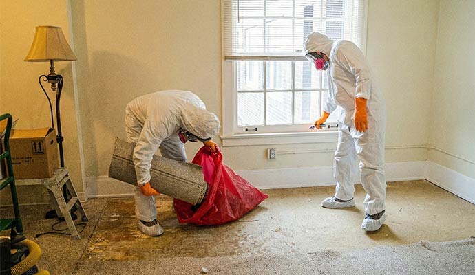 Biohazard cleanup workers in protective suits