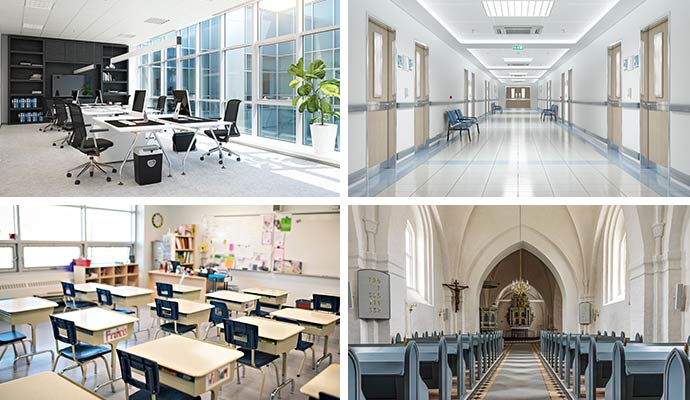 Collage of office interior, healthcare facility, school and church