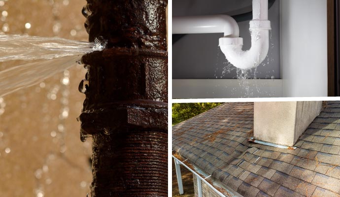 Collage of broken water pipe leaky roof and plumbing leak