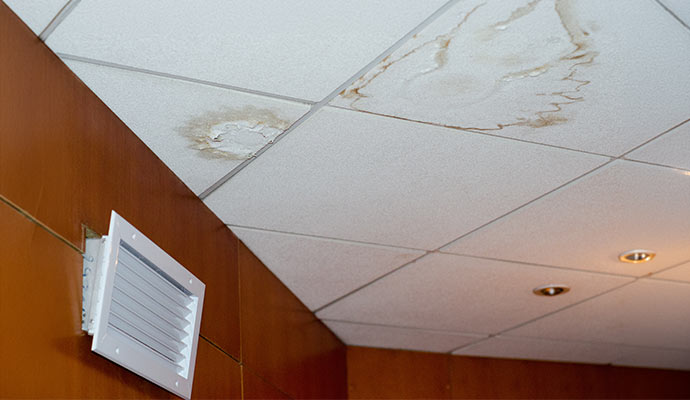 Ceiling tiles with water stains and discoloration caused by ongoing roof leak inside building