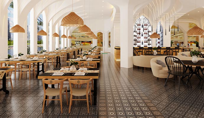 Clean and modern restaurant interior with organized dining area elegant lighting and restored commercial space