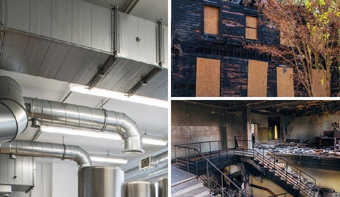 Collage of an air duct system, a board-up house and the interior of a fire-damaged property