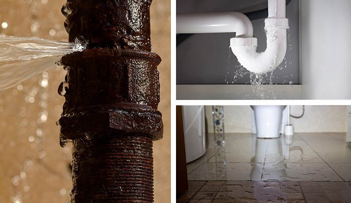 Collage of water leaking from a broken water pipe, leaky pipe and wet toilet floor