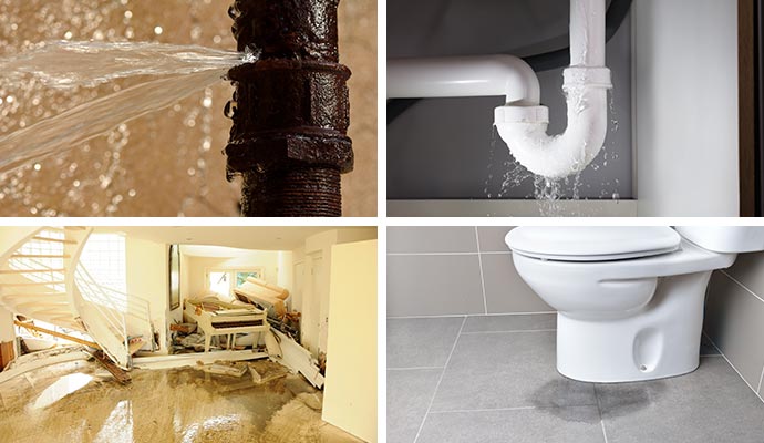 Collage of broken water pipe, water pipe leakage, structural damage and leaked toilet Collage of broken water pipe, water pipe leakage, structural damage and leaked toilet
