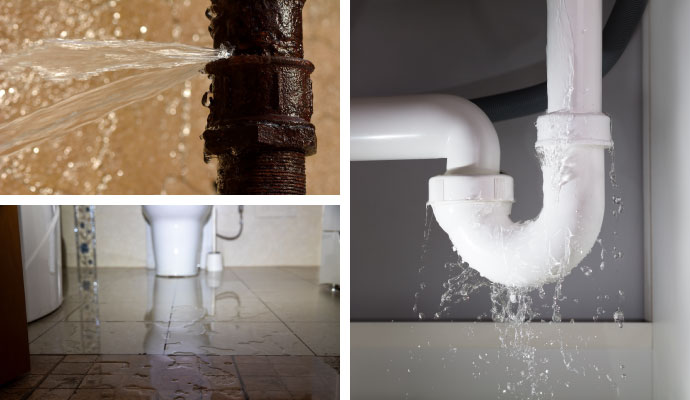 Collage of burst pipe, plumbing leak, and water damaged bathroom