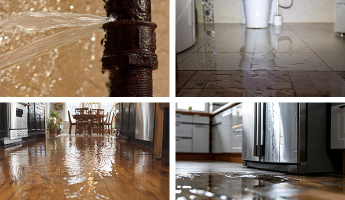 Collage of burst pipe, sewage overflow, flood and appliance leak