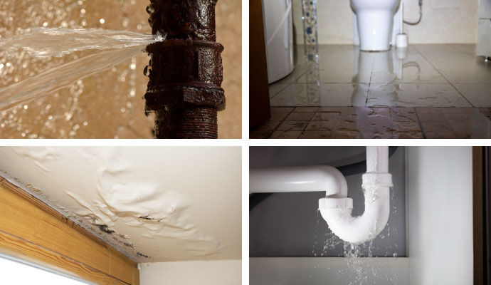 Collage of burst pipe, water damaged bathroom floor, ceiling and plumbing leak