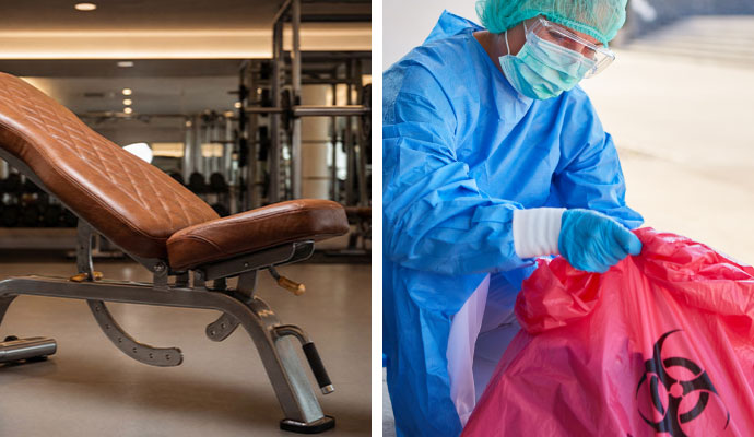 Collage of clean fitness center and biohazard cleanup