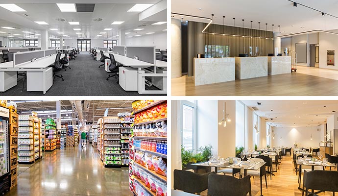 Collage of clean office, reception, retail store and restaurant Collage of clean office, reception, retail store and restaurant