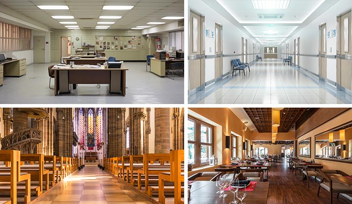 Collage of clean office space hospital church and restaurants Collage of clean office space hospital church and restaurants