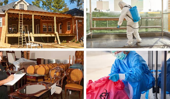 Collage of construction, disinfecting services inventory listing and biohazard cleanup service