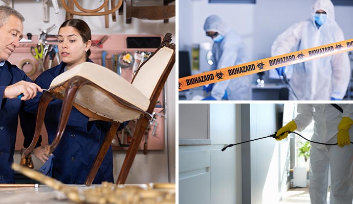 Collage showing content cleaning, biohazard cleanup and disinfecting services