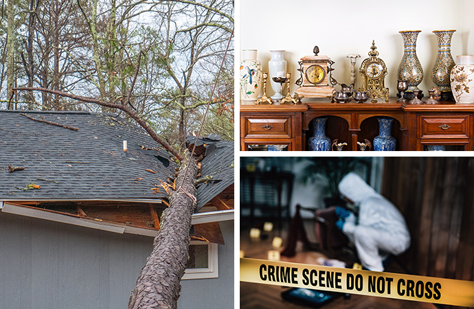 Collage of disaster damaged area, restored antiques and biohazard cleanup service Collage of disaster damaged area, restored antiques and biohazard cleanup service