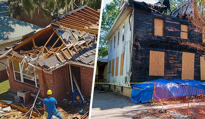 Collage of disaster restoration and boarded-up house