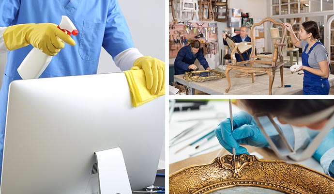 Collage of electronics device, furniture and content cleaning Collage of electronics device, furniture and content cleaning