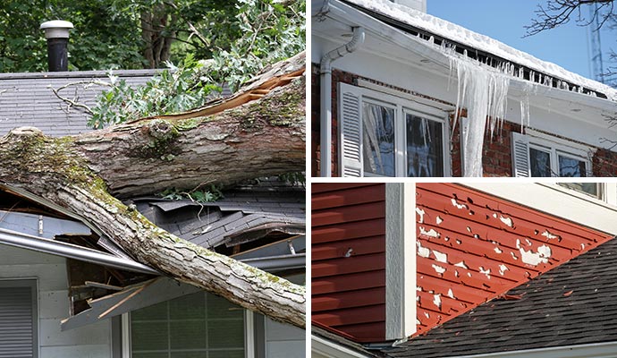 Collage of fallen tree on a roof, ice dams on gutters, and peeling siding paint