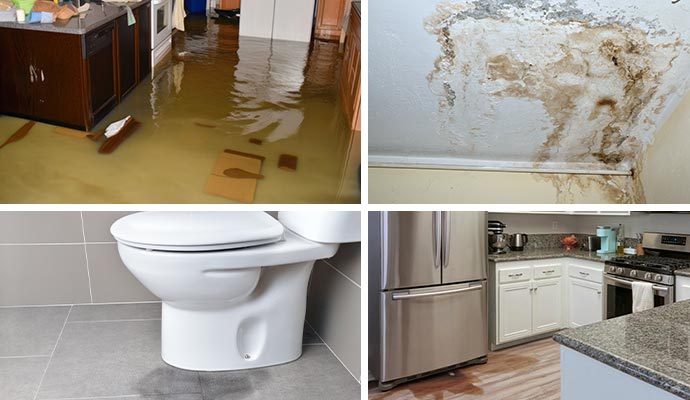Collage of flood damaged floor damaged ceiling leaky toilet and appliance leakage