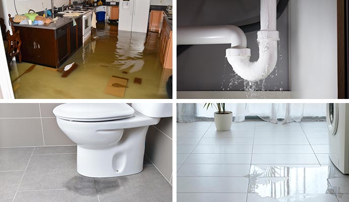Collage of flood damaged house, plumbing leakage, leaked toilet and leaked appliance Collage of flood damaged house, plumbing leakage, leaked toilet and leaked appliance