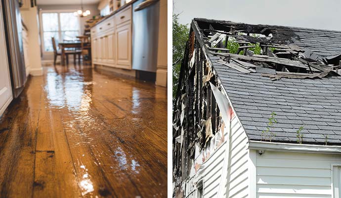 Collage of flooded kitchen floor and fire-damaged roof