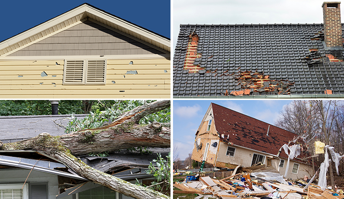Collage of hail damaged house damaged roof wind damaged house tornado damaged property Collage of hail damaged house damaged roof wind damaged house tornado damaged property
