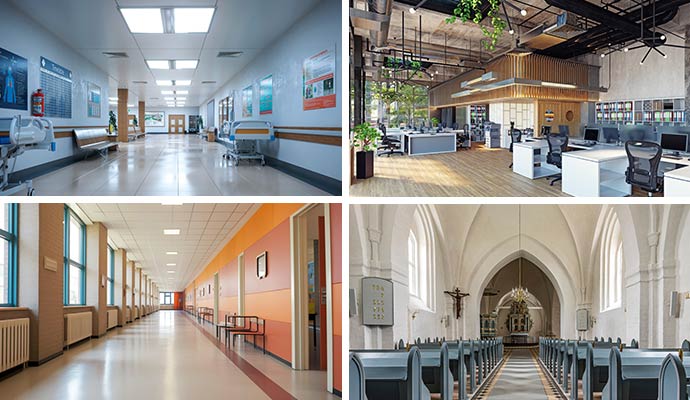 Collage of healthcare facility, office building, school, and church for sanitization