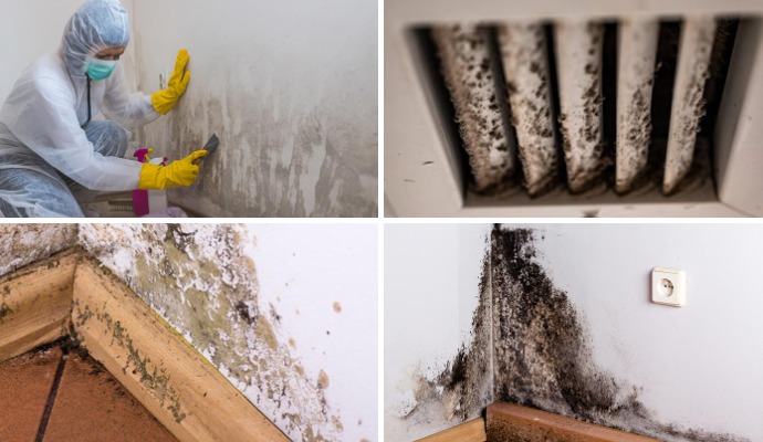 Collage of mold decontamination, HVAC mold, structural mold damage, and black mold