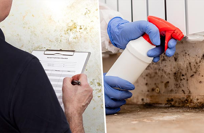 Collage of mold inspection and cleaning services Collage a person filling out a mold inspection checklist and cleaning solution on mold near a radiator