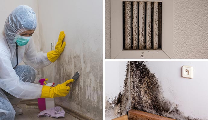 Collage of mold remediation, moldy vent and mold on wall corner Collage of mold remediation, moldy vent and mold on wall corner