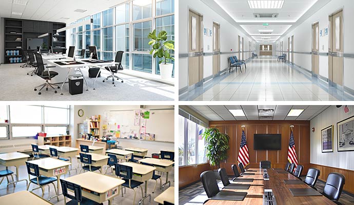 Collage of office interior, health care facility, classroom and government office interior