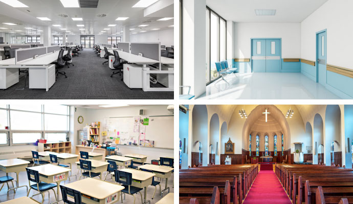 Collage of office interior, healthcare facility interior, classroom and church