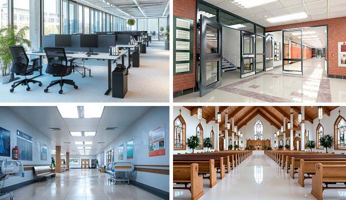 Collage of office spaces, healthcare facilities, schools, and churches
