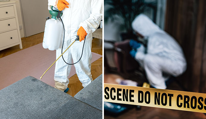 Collage of sanitization and biohazard cleanup