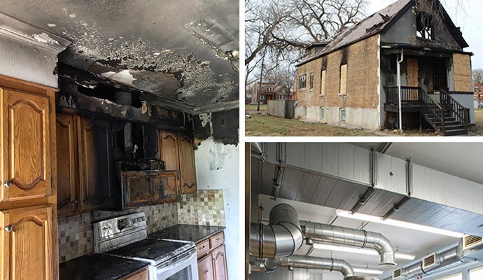 Collage of smoke and soot damaged house and duct system Collage of smoke and soot damaged house and duct system