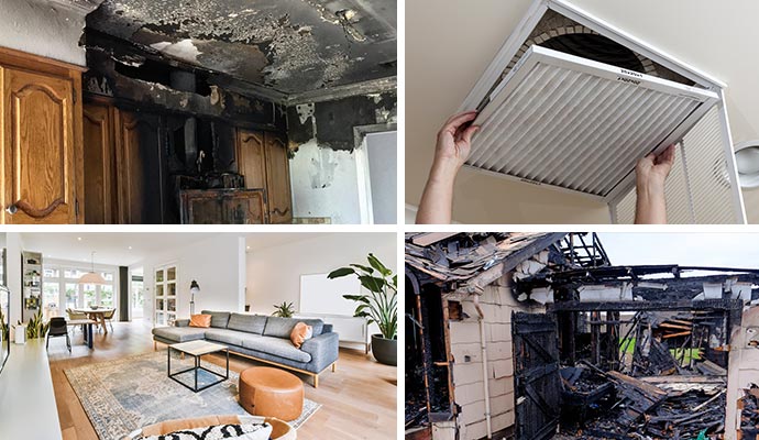 Collage of smoke and soot damaged property duct cleaning clean living space and fire damaged property Collage of smoke and soot damaged property duct cleaning clean living space and fire damaged property