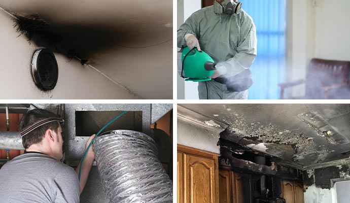 Collage of smoke damaged ceiling corner, odor removal, duct cleaning and fire damaged structure