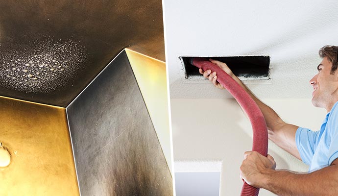 Collage of a smoke and soot-damaged ceiling and duct cleaning services Collage showing a smoke and soot-damaged ceiling and duct cleaning services