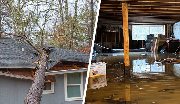 Collage of storm and flood damaged house