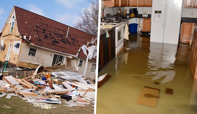 Collage of storm-damaged house and flooded kitchen space Collage showing a storm-damaged house and a flooded kitchen interior with standing water on the floor