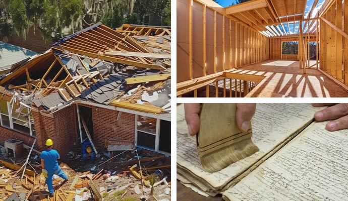 Collage of storm, documents and reconstruction restoration services