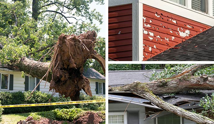 Collage of tornado damaged tree, hail damaged wall of a house and a storm damaged roof