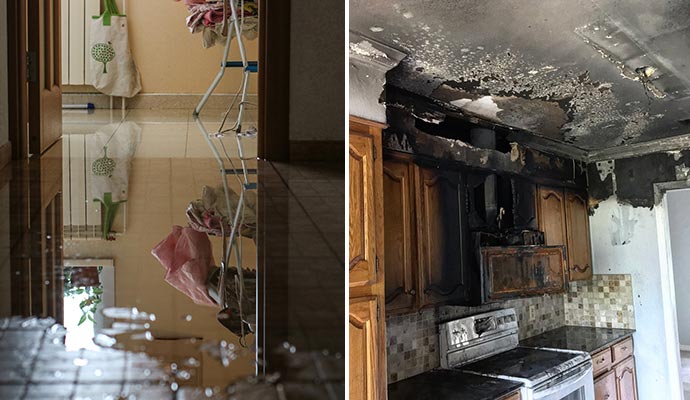 Collage of water and fire damaged property