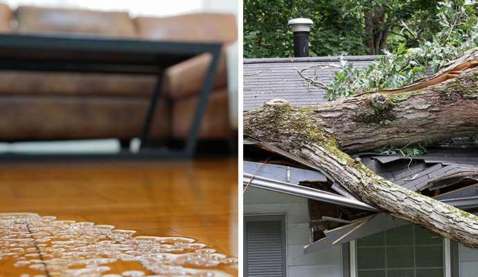 Collage of water and storm damaged house