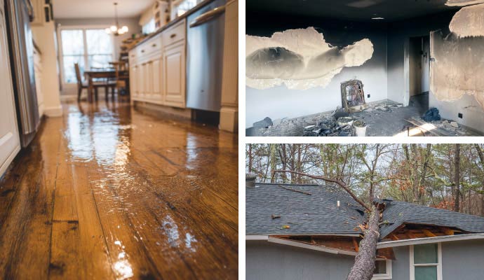 Collage of water damaged floor, fire damaged room and storm damaged house
