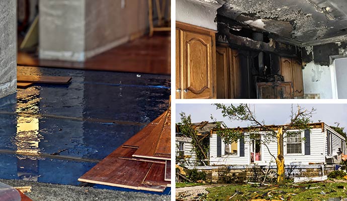 Collage of water damaged floor, fire damaged room and storm damaged house