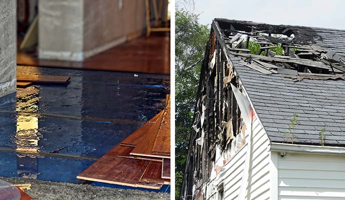Collage of water-damaged hardwood floo and a fire-damaged roof
