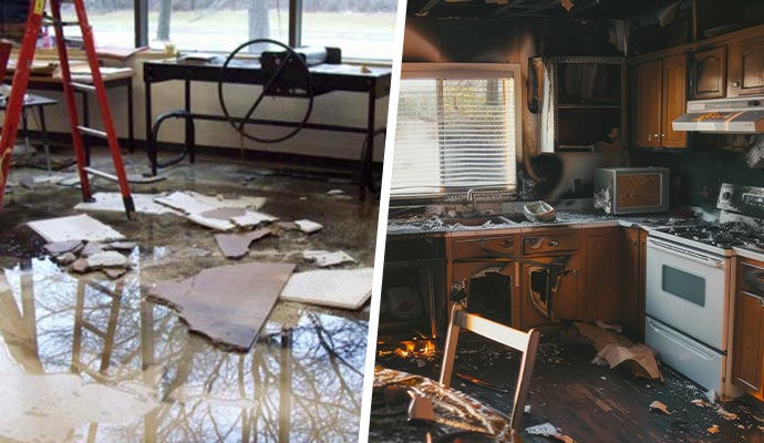 Collage of water damaged room and fire damaged kitchen Collage of water damaged room and fire damaged kitchen