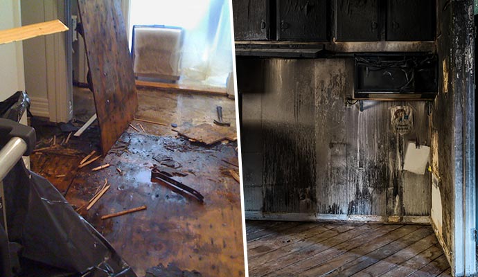 Collage of water-damaged wooden floor and fire-damaged kitchen Collage showing a severely water-damaged wooden floor and a fire-damaged kitchen with charred cabinets