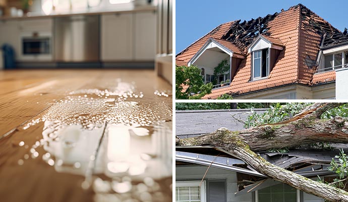 Collage of water, fire, and storm damage Collage of water, fire, and storm damage