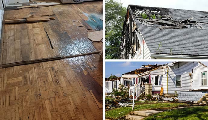 Collage of water, fire, and storm damage properties