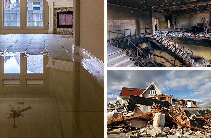Collage of water, fire and storm damaged areas